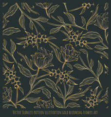 Seamless pattern illustration gold blooming flowers.