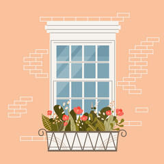 Window decorated with plants and greenery. Decorating facade of the building with living flowers. Colored flat vector illustration