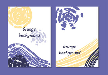 Set of abstract grunge card templates. Modern style flyer, brochure, invitation, background design. Yellow, purple and very peri ink brush stroke. Colored vector illustration