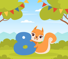 Cute Squirrel Cub Holding Eight Number Vector Illustration