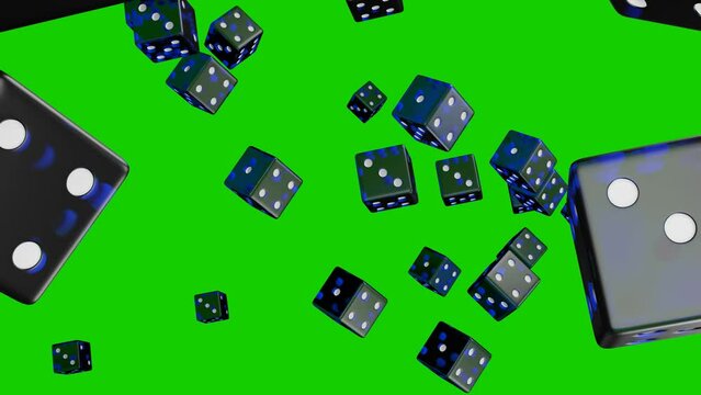Blue dice flying into camera on chromakey background. Casino concept. Gambling.