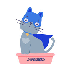 Superhero Grey Cat Wearing Blue Mask and Cape Having Super Power Sitting in Litter Box Vector Illustration