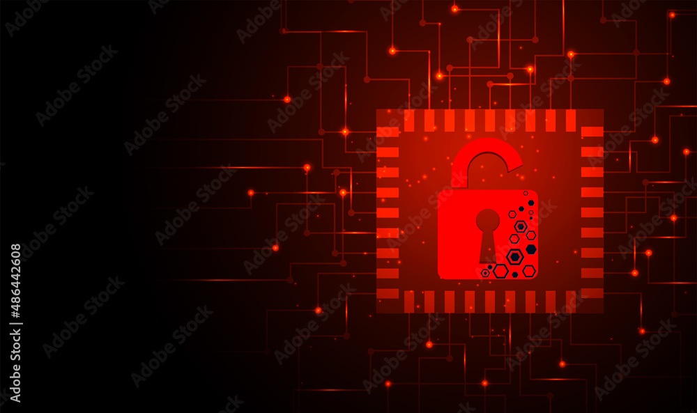 Poster Concept of destroyed cyber security.Padlock red open on electric circuits network dark red background.Cyber attack and Information leak concept.Vector illustration.