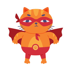 Superhero Ginger Cat Wearing Red Mask and Cape Having Power Vector Illustration.