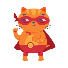 Superhero Ginger Cat Wearing Red Mask and Cape Standing and Smiling Vector Illustration