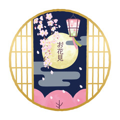 丸窓　桜と満月　お花見　背景