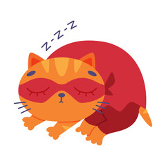 Superhero Ginger Cat Wearing Red Mask and Cape Sleeping Vector Illustration