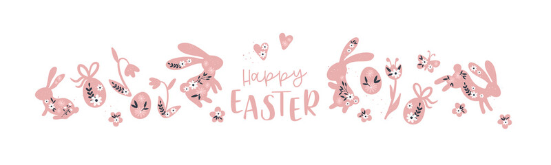 Cute hand drawn Easter horizontal seamless pattern with bunnies, flowers, easter eggs, beautiful background, great for Easter Cards, banner, textiles, wallpapers - vector design