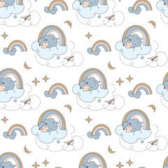 Baby seamless pattern on the theme of sleep. Attributes of the night and magical baby dreams. Vector. Textiles, Packaging paper. Background.