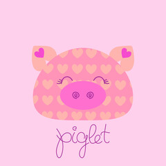 Simple pink piglet vector illustration. Love pink piglet. Smiling pig face. Pink hearted gift card. Pastel pink colors. Love mood. Cartoon funny style. Hand drawn letters. Congrats. Calligraphy.