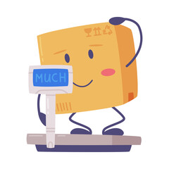 Cute Delivery Cardboard Box Character Standing on Scales and Scratching Head Vector Illustration