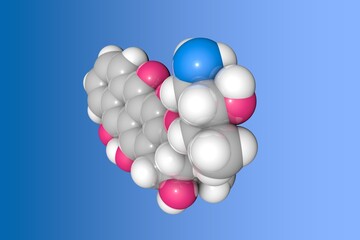 Space-filling molecular model of idarubicin. Atoms are shown as spheres with conventional color coding: carbon (grey), nitrogen (blue), oxygen (red), hydrogen (white). Scientific background. 3d