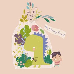 Funny Cartoon Boy with Offended Dinozaur in Big Jar © Maria Starus
