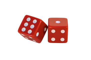 Two red dice are isolated on a white background. Complete clipping without shadow. The result is one and on the verge. Blank for the designer.