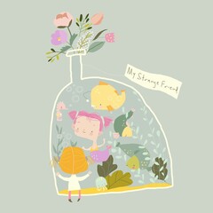 Cute Cartoon Girl watching for Little Mermaid in Big Bottle