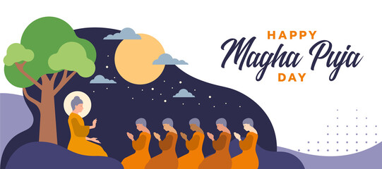 Magha puja day - The Lord Buddha sit under tree and giving monks in full moon night cute character style vector design