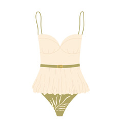  Women vintage one-piece swimsuit. Stylish women's swimwear. Retro beige green beachwear with tropical print. Vector illustration in cartoon style. Isolated on white background