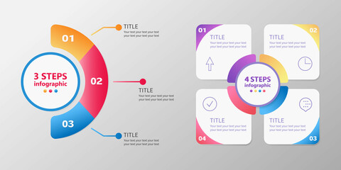 Business infographics. A set of diagrams consisting of 3 and 4 steps. 3 D. Vector illustration.