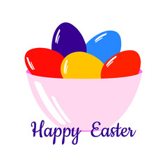 Happy Easter. Festive card with painted chicken eggs in a delicate pink bowl. Cute modern illustration isolated on white background. Vector.