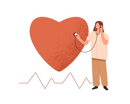 Cardiologist checking heart health. Cardiology concept. Doctor listening heartbeat at cardiovascular system examination. Medical cardiac checkup. Flat vector illustration isolated on white background