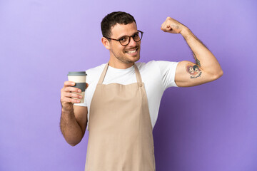 Brazilian restaurant waiter over isolated purple background doing strong gesture