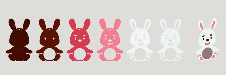 Cute bunny candy ornament. Layered paper decoration treat holder for dome. Hanger for sweets, candy for birthday, baby shower, easter, christmas. Print, cut out, glue. Vector stock illustration.