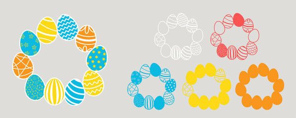 3D Happy Easter layered wreath with easter eggs. Layered paper decoration. Print, cut out, glue. Egg hunt for children template layout. Vector stock illustration.