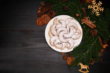 Plate of Traditional German or Austrian Vanillekipferl vanilla kipferl cookies