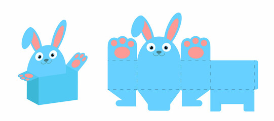 Party favor box bunny design for sweets, candies, small presents, bakery. Party package die cut template, great design for any purposes, birthdays, baby showers, Easter. Vector stock illustration