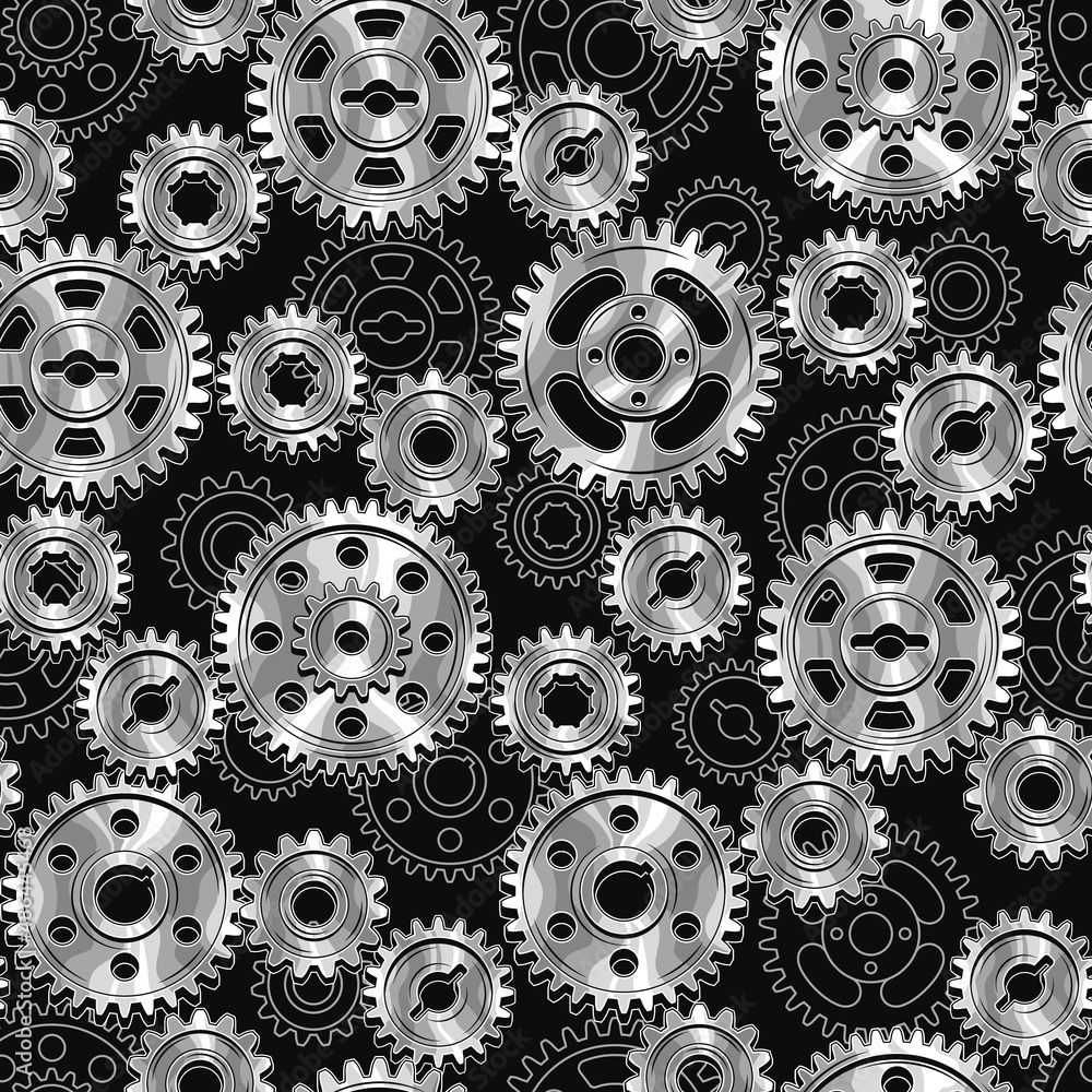 Poster seamless pattern with silver steel machine gears and linear gears behind on a black background. dens