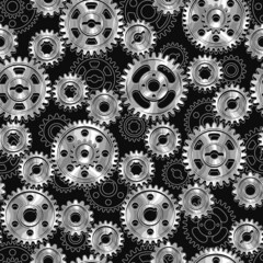 Seamless pattern with silver steel machine gears and linear gears behind on a black background. Dense composition. Steampunk style. - obrazy, fototapety, plakaty