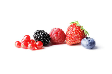 set of different berries on a white background, such as strawberries, cherries, raspberries, blueberries, currants, blueberries.