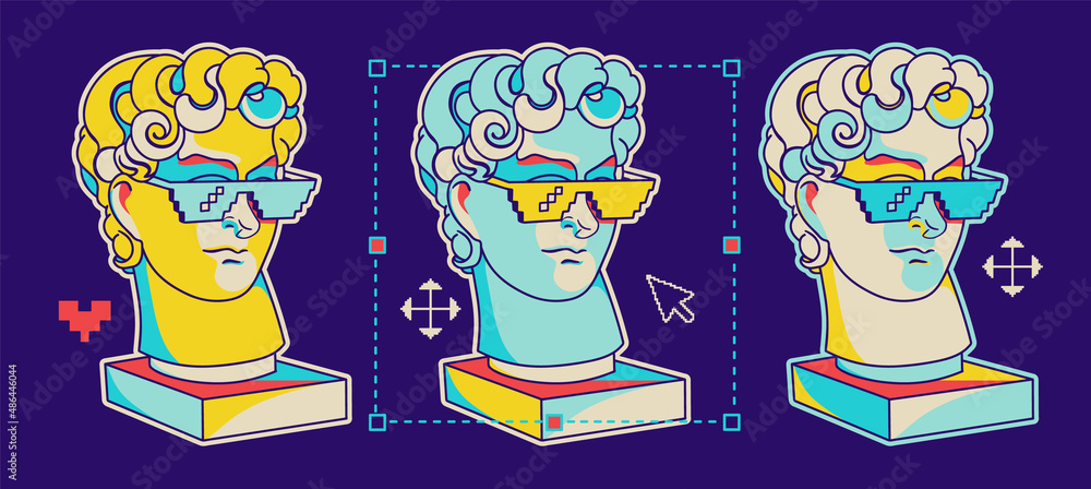 Wall mural collage with ancient sculpture in sunglasses and nostalgia 8-bit user interface elements. illustrati