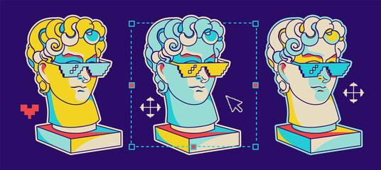 Collage with ancient sculpture in sunglasses and nostalgia 8-bit user interface elements. Illustration in 90's style in fun hipster interpretation. Old computer aesthetic, retro colors.