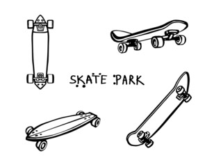 Skate, skateboard, longboard, bottom, skate park text. Doodle t-shirt design set. Black line sketch art icon. Cute cartoon kids teens design. Outline drawing logo minimal style.