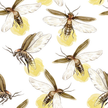 Vintage watercolor seamless pattern with glowing fireflies on white background.