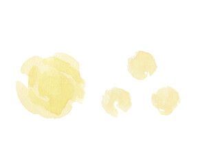 Set of warm yellow watercolor stains, glowing balls of light isolated on white background.