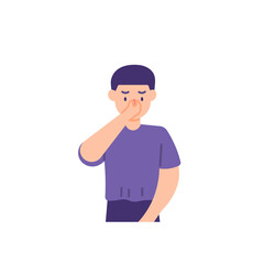 illustration of a man suffering from sinus, flu, or colds. nose disease. holding the nose. health problem. flat cartoon style. vector design. element
