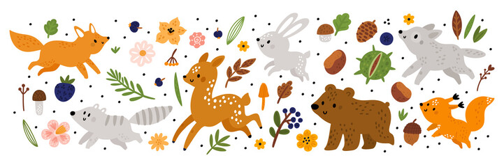 Baby woodland animals collection. Fox, hare, wolf, bear, squirrel, deer, 
raccoon vector cartoon illustration.  Plants forests, wildflowers, berries, chestnut, cones, leaves, mushrooms set. 