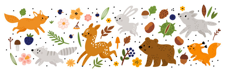 Fototapeta premium Baby woodland animals collection. Fox, hare, wolf, bear, squirrel, deer, raccoon vector cartoon illustration. Plants forests, wildflowers, berries, chestnut, cones, leaves, mushrooms set. 