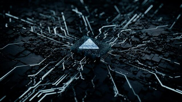 Media Technology Concept with play symbol on a Microchip. White Neon Data flows from the CPU across a Futuristic Motherboard. Seamless Loop.