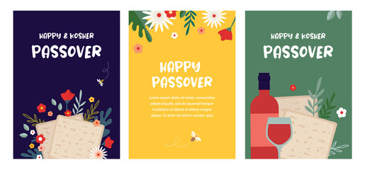 Jewish pesach holiday, Passover, greeting card set with traditional icons. Happy Passover. matza bread, wine, flowers and leaves, passover symbols and icons. Vector illustration - 486447809