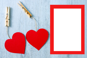 Two big red heart on white wooden background. Valentine's day. Mock up. Copy space. Space for text. 