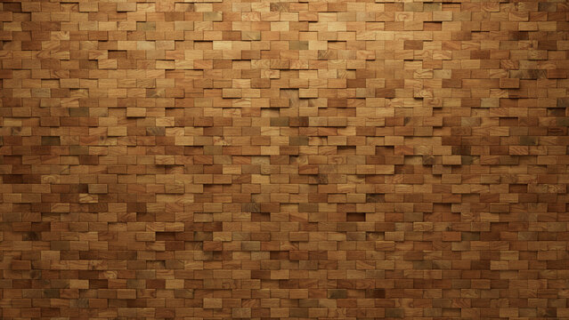 3D Tiles arranged to create a Natural wall. Rectangular, Soft sheen Background formed from Wood blocks. 3D Render