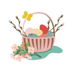  Easter spring vector illustration. Basket with eggs and branches of willow and butterfly. Decorating   elements for Easter and spring greeting cards.