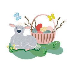 Spring Easter vector illustration. Basket with eggs and branches of willow, sheep, butterflys, spring flowers. Decorating spring elements for Easter and spring greeting cards.
