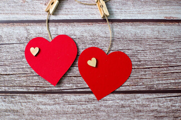 Two big red hearts on wooden background, Valentines day, romantic concept