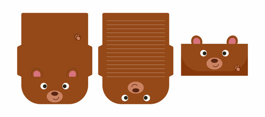 Cute lovely bear letter writing stationery paper laser cutting card template. Animal design for greeting, invitation, thank you cards. Vector stock illustration.
