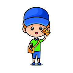 Obraz na płótnie Canvas Postman, mailman, postal carrier or postie in uniform and cap carrying messenger bag and letter in envelope. Concept of express mail delivery service. Modern flat colorful vector illustration.