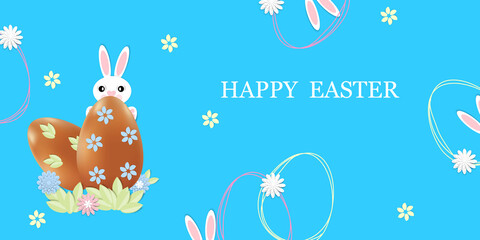 Happy Easter. Festive background with realistic chicken egg, paper cut flowers, easter bunny and doodles elements. Vector illustration for postcards, banners, advertisements, websites.